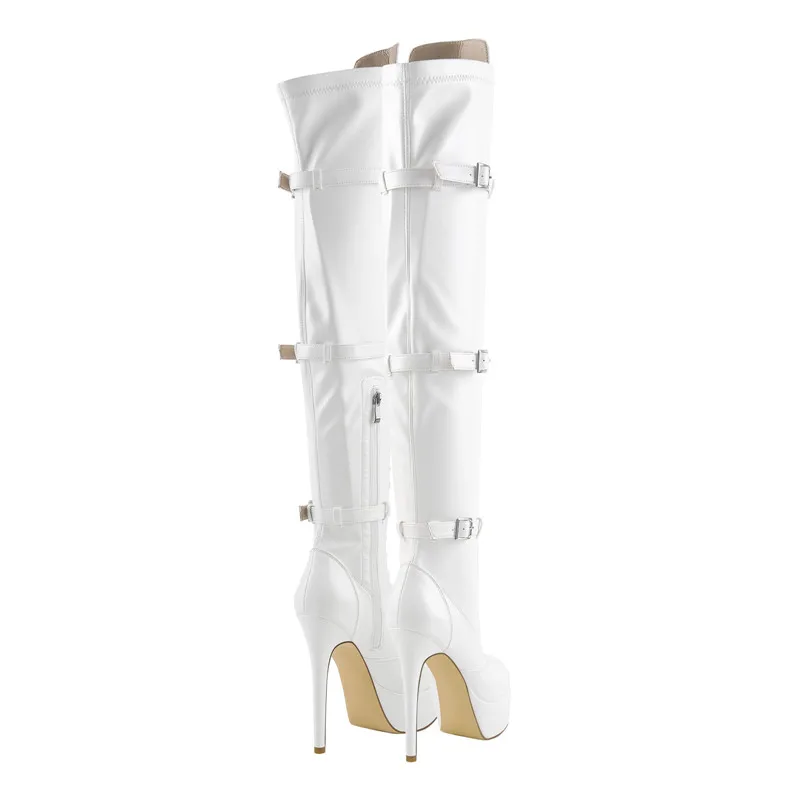 Onlymaker Over The Knee Boots Winter  Women\'s Platform Round Toe Stiletto Zipper Patent Leather White Black Fashion Sexy Boots