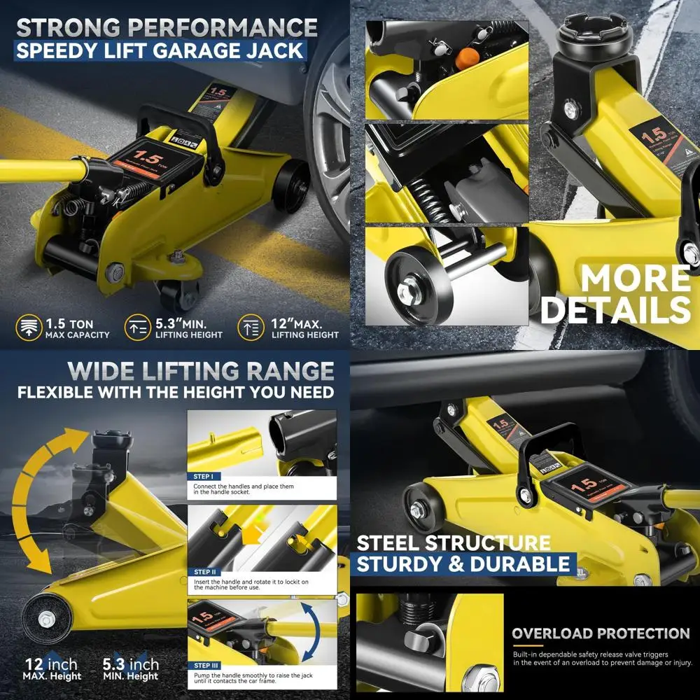 

1.5 Ton Heavy-Duty Single-Piston Hydraulic Car Jack with Quick Lift Pump, Lifting Range 5.3-12, Yellow