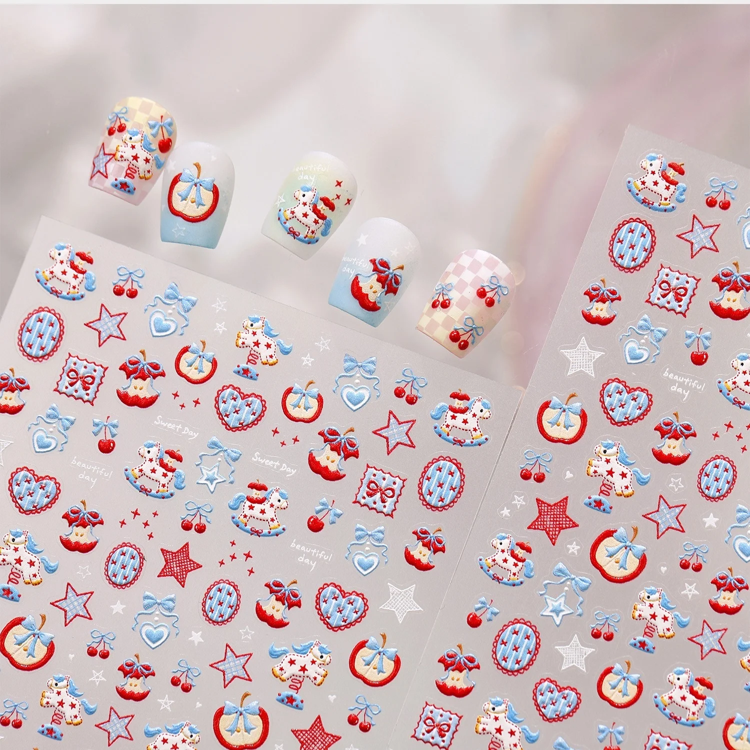 Lovely Fruit Dessert 5D Nail Stickers Strawberry Cupcake Cream Mushroom Blue Flower Plaid Self-Adhesive Decals DIY Nail Decor