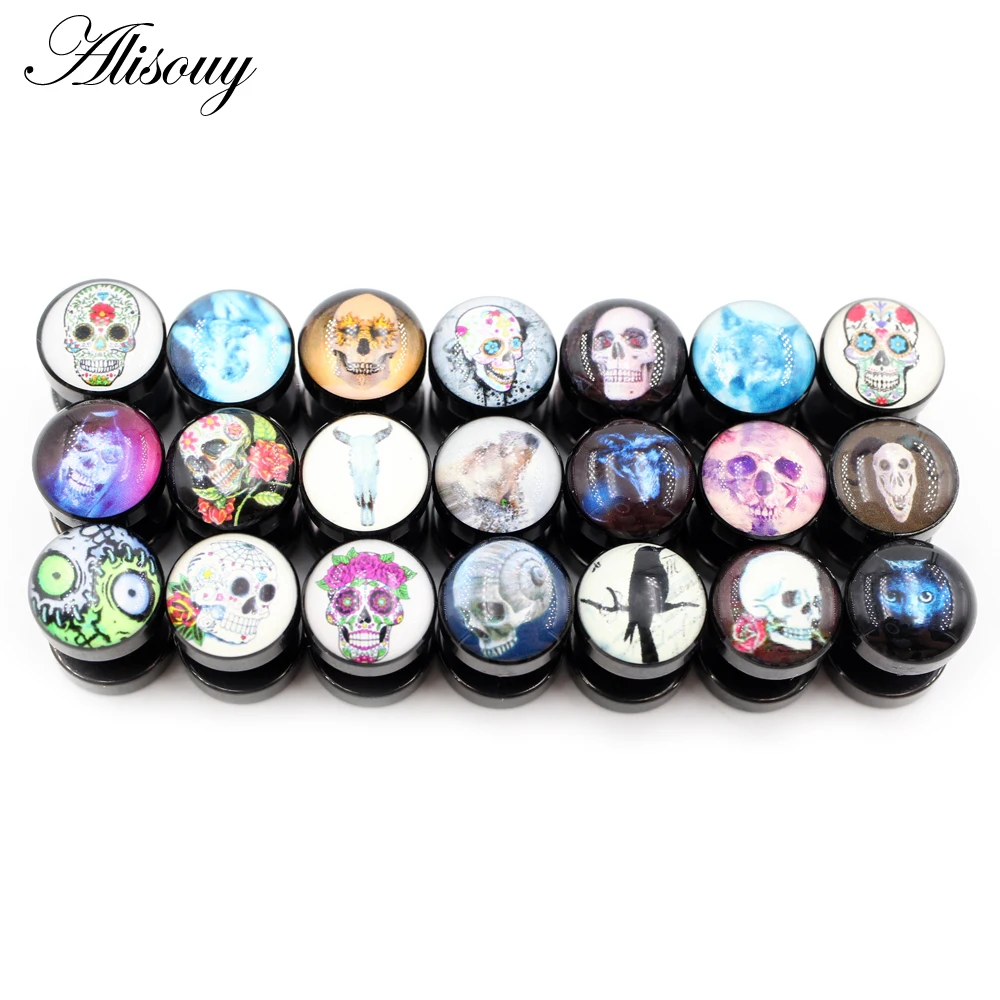 Alisouy 2PC Steel Stud Earring for Men Women Black Skull Ear Stud Barbell Piercing Fashion Fake Ear Plugs Punk Men Earrings