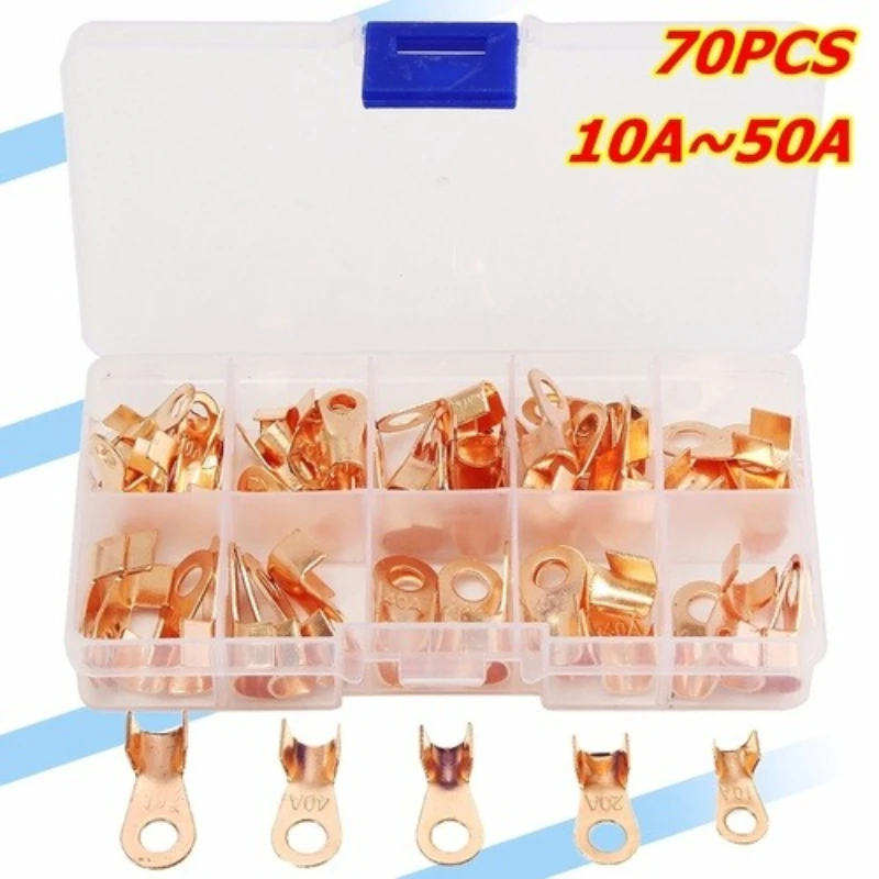 70pcs OT Crimp Terminal Lug Bare Copper Connectors Wire Cable Electric Connect Terminal Open Ring Lug 10A 20A 30A 40A 50A