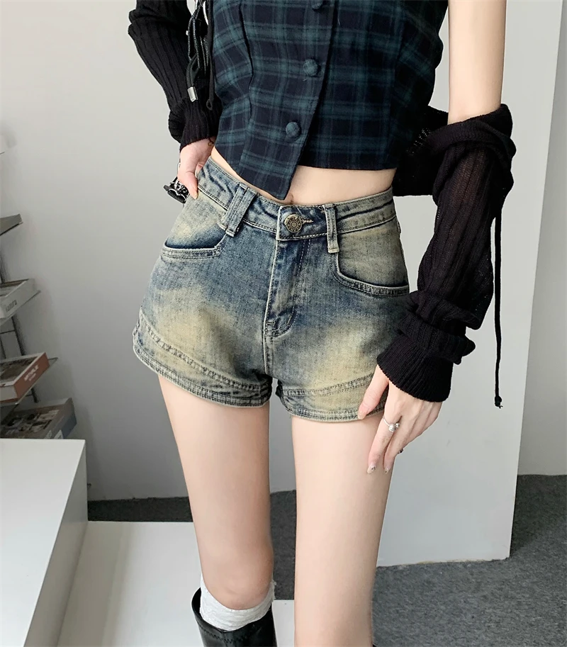 

Retro Distressed Elastic Denim Shorts Women Summer Thin American Style Spicy Wide Leg Large Size Slim High Waist A-Line Pants