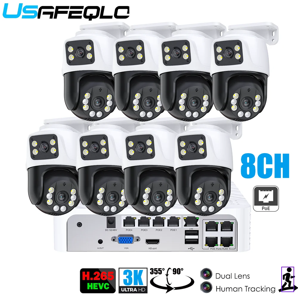 

3K 6MP HD POE Surveillance 8CH Camera System Dual Lens Dual LEDs PTZ IP CCTV Kit Home Security 8CH POE NVR Video H.265