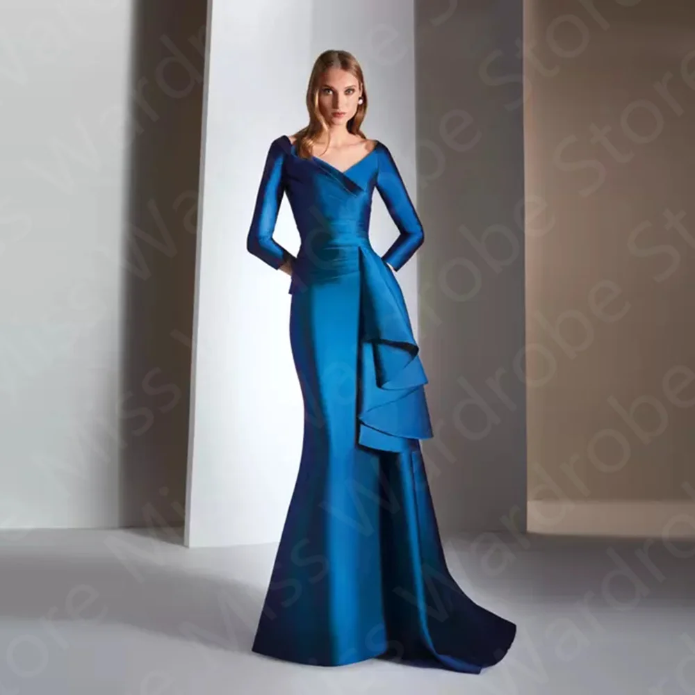 

2023 Latest Simple Blue Mother Dresses 3/4 Sleeves of the Bride Gowns V Neckline Wedding Guest Dress Sweep Train Ruffles