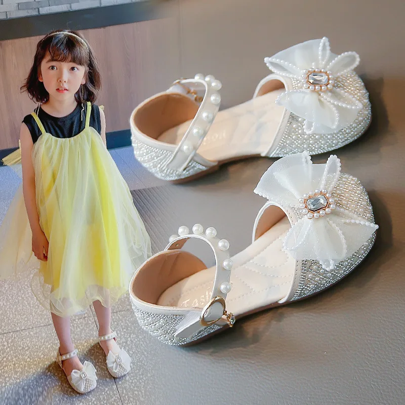 

New Girls Sandals Fashion Crystal Bowtie Female Children Summer Shoes Littler & Big Kids Soft Sole Size 24-36