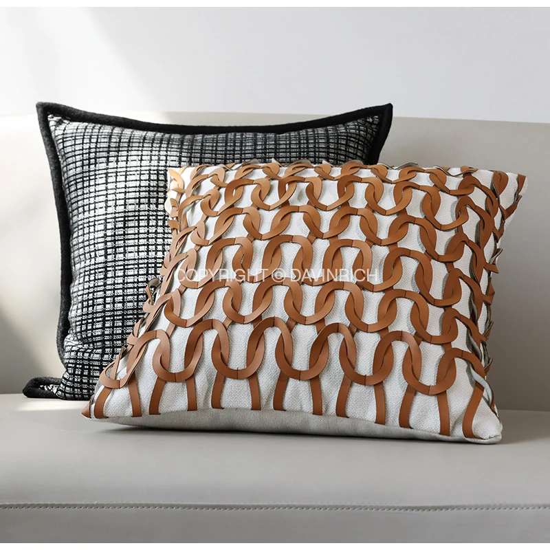 DAVINRICH  H Style Chain Geometric Art Cushion Cover High Grade Hide Leather Luxury Handmade Decorative Throw Pillowcase 45x45cm