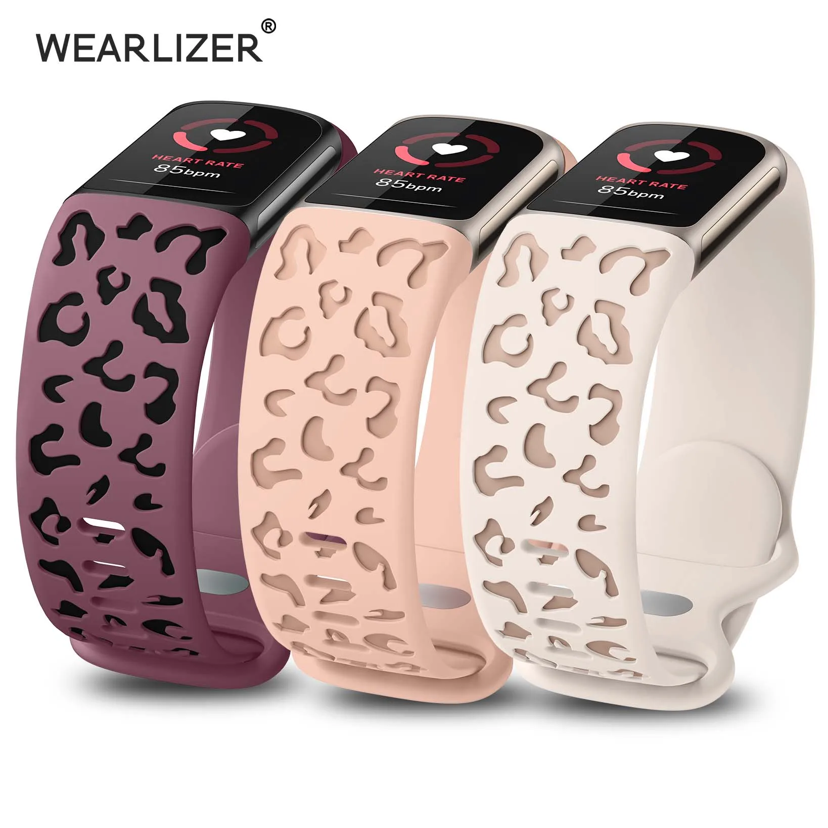 Wearlizer 3 Packs Two-Tone Leopard Engraved Band for Fitbit Charge 6/for Charge 5 watchband Soft Silicone Sport Strap Leopard