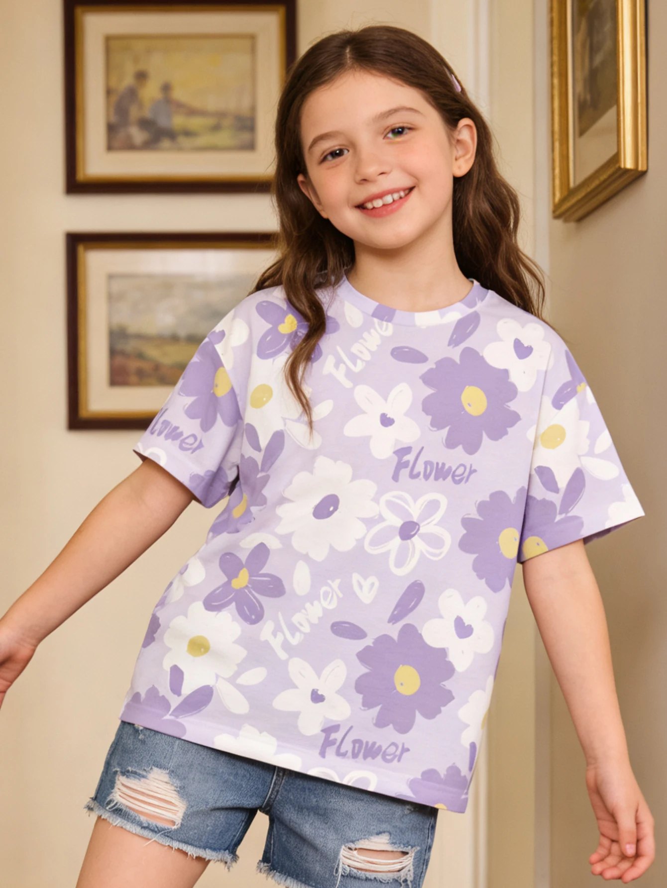 

2026 Girls' Small Floral Print Short Sleeve T-Shirt Loose Summer Casual Top