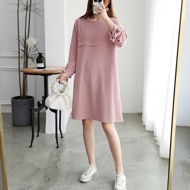 Maternity Autumn Nursing Clothes Spring Autumn Cotton Long Sleeve Loose Stylish Slimming Dress for Pregnant Women Mom Dress