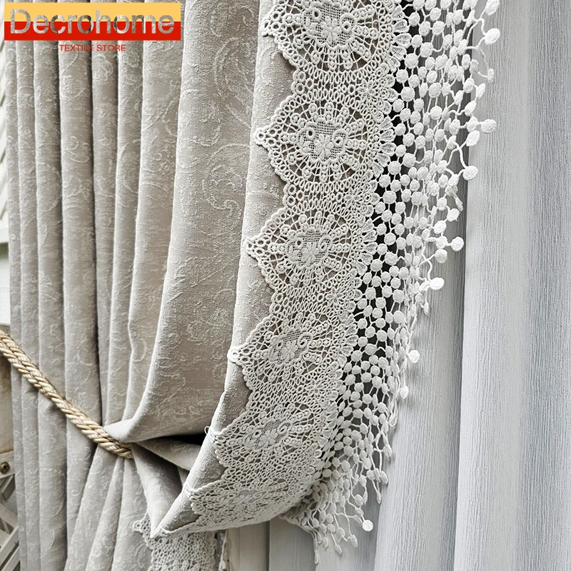 

Thickened Milk Tea Velvet Lace Splicing Blackout Curtains for Living Room Bedroom French Window Balcony Window Customized