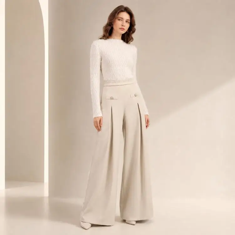 Women's Beige High Waist Wide Leg Pants Non-Stretch Elegant Drape Trousers Loose Fit Office Wear S-XL