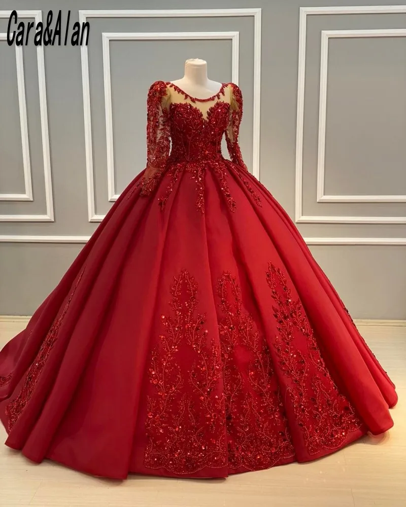 Modest Red Evening Dresses Long Sleeve Beading Sequin Satin Ball Gown Prom Dress Customized Women Wedding Reception Party Dress