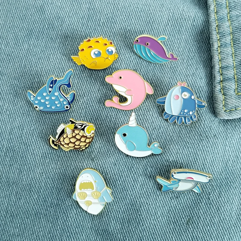 Aquatic creature Enamel Pin Dolphin Shark Whale Pufferfish Narwhal Octopus Brooch Bag Lapel Pin Cartoon Badge Jewelry Kid Friend