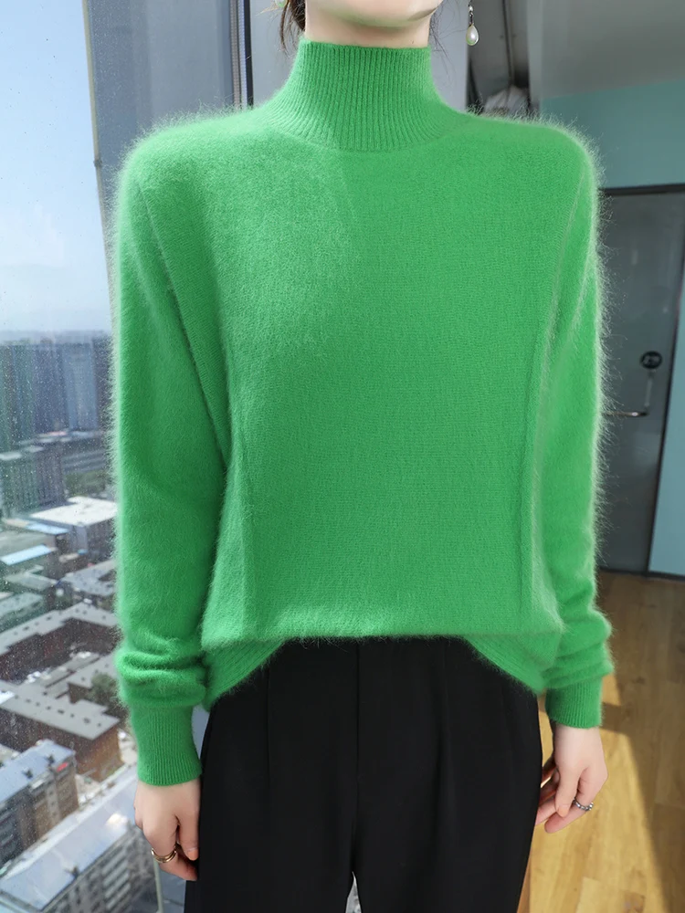 

Autumn Winter Solid Mock-neck Pullover Sweater For Women 100% Mink Cashmere Casual Cashmere Knitwear Female Clothing Basic Tops