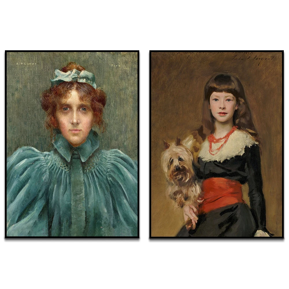 Póster Vintage de Mujer Joven Elegante con Retrato de Yorkshire Terrier de John Singer Sargent en Vestido de Terciopelo, Mujer Suzette Albert P Lucas