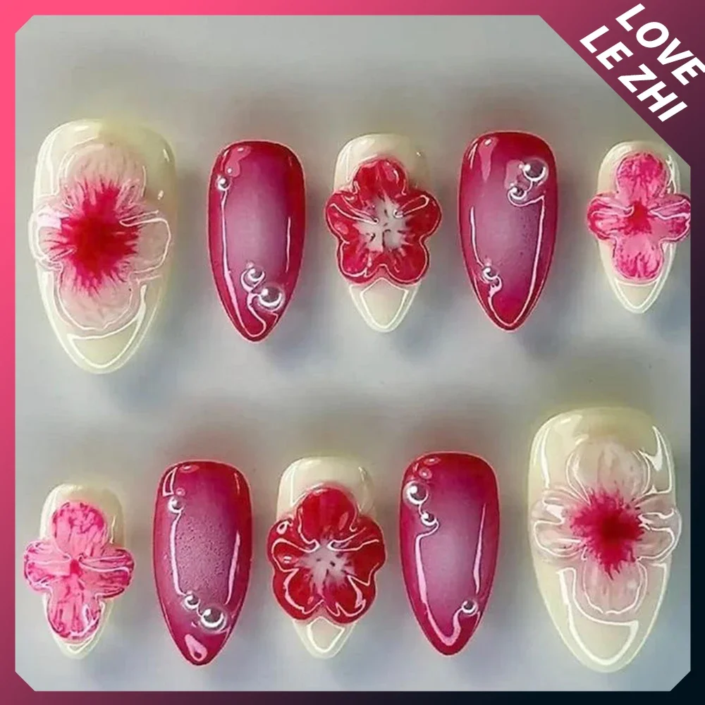 Handmade Press On Nails Y2K 3D French Almond Flowers Full Cover Bow Design Anime Peripherals Fake Nails Manicure Nail for Women