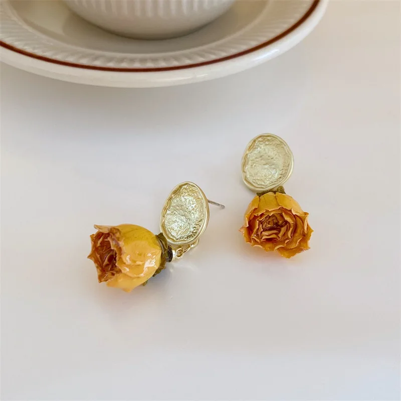 أقراط دامو أقراط وردية مجففة رومانسية زيت بالتنقيط أحمر أصفر زهرة إكسسوار مجوهرات صيفية شعبية أقراط عصرية أنيقة #2