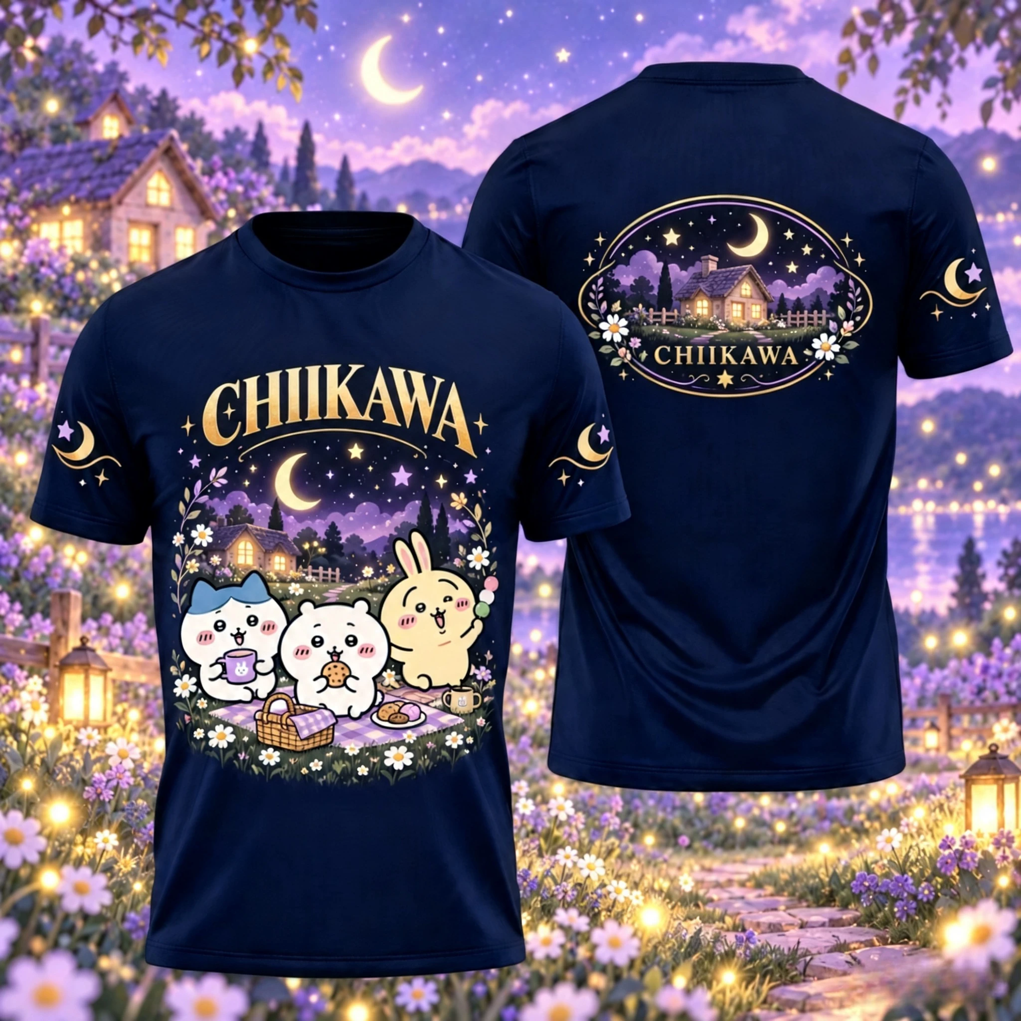 Chiikawa Night Picnic Graphic T-Shirt Cute Hachiware Usagi Momonga Print Tee Kawaii Anime Fan Women and Kids Short Sleeve Shirt