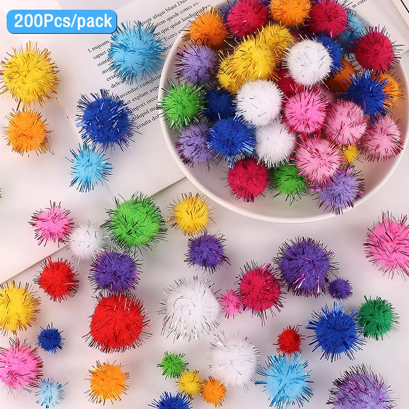 200Pcs/lot Colorful Pompom Fluffy Ball Glitter Plush Ball Handmade Craft DIY Decoration Hairband Clothes Material Accessories