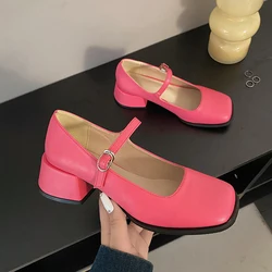 Rimocy Red Med Heels Mary Jane Shoes for Women Square Toe Ankle Buckle Pumps Woman Pu Leather Thick Heeled Party Shoes Ladies