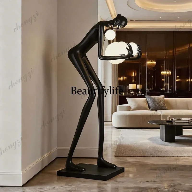 R134 A74Bend over and hold the ball humanoid sculpture floor lamp exhibition hall ornament living room sofa shape fiberglass orn