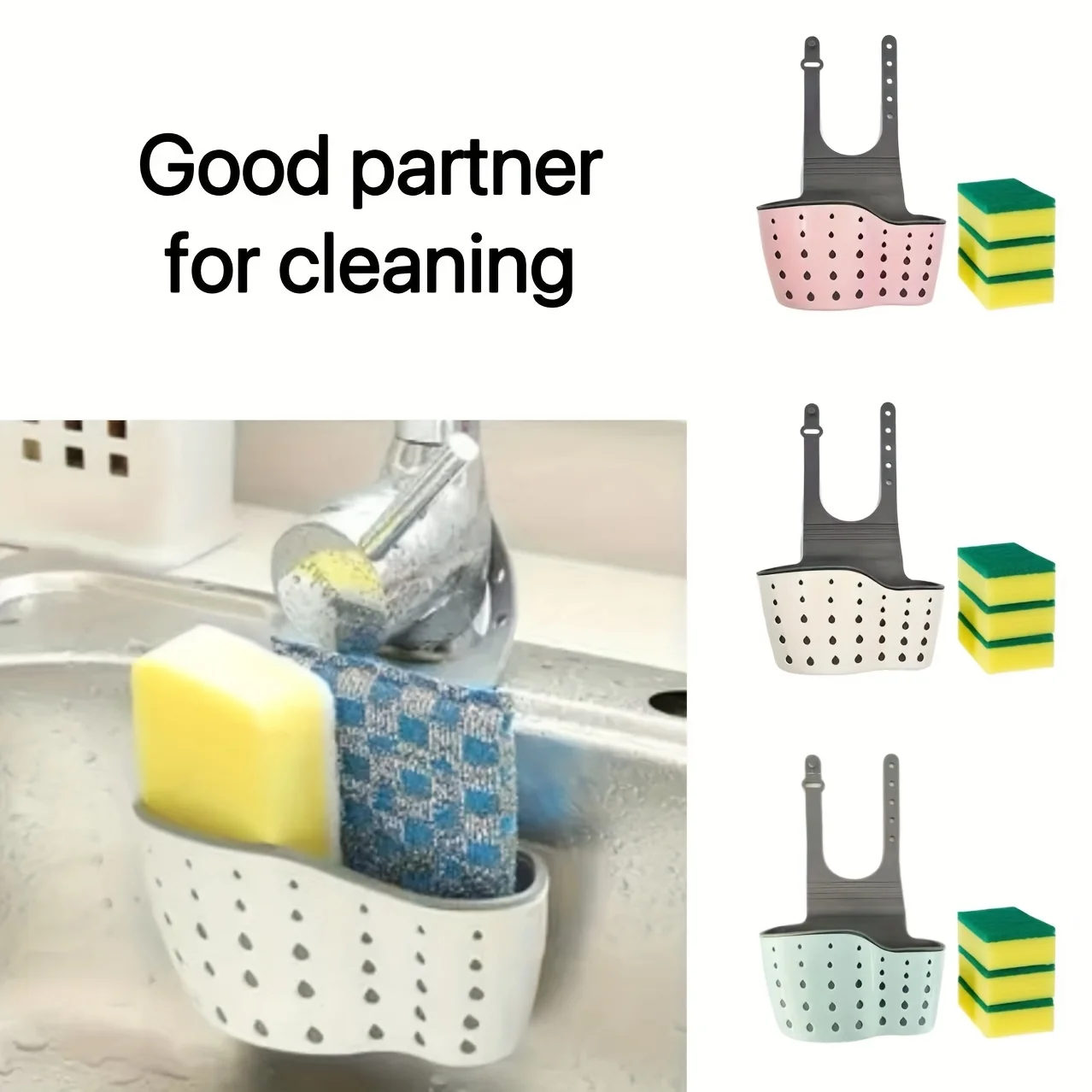 4 pieces - adjustable kitchen sink storage rack with dishwashing sponge and dishwashing cleaning cloth - space-saving hanging dr