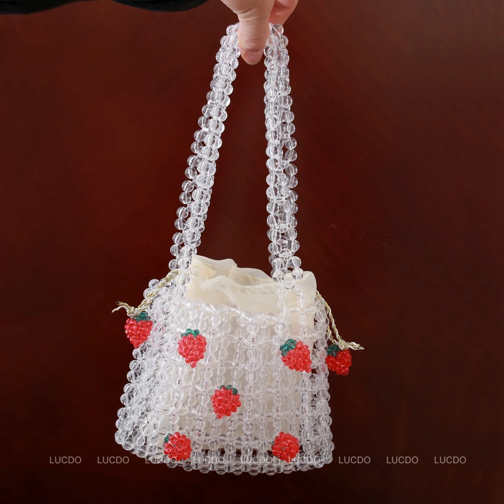 Jelly Clutch Bag Handmade Bags Luxury Designer Girl Beaded Woven Handbag for Woman 2022 Retro Orange Clear Crystal Beaded Bag