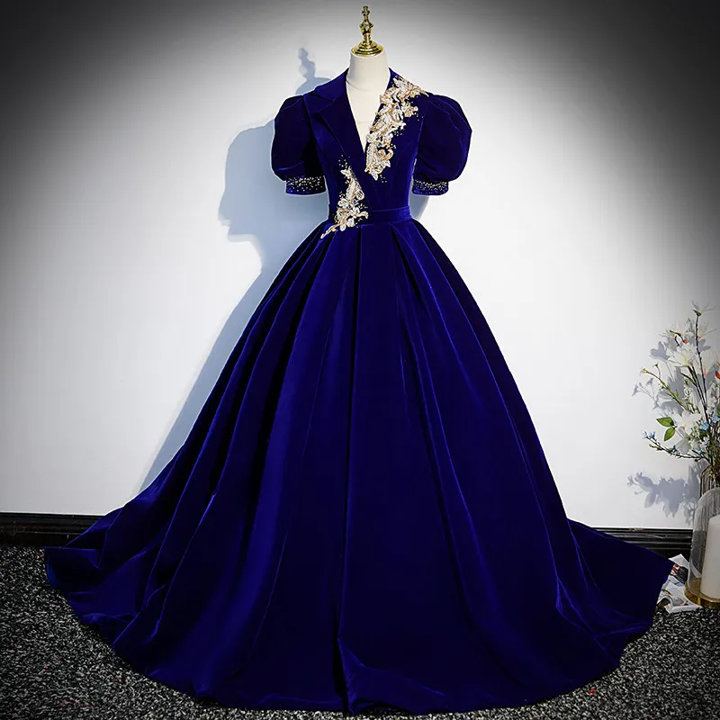 

Royal Blue Elegant Evening Dress Short Sleeves Floor-Length V-Neck Beads Appliques A-Line Velour Party Formal Gown Woman B1902