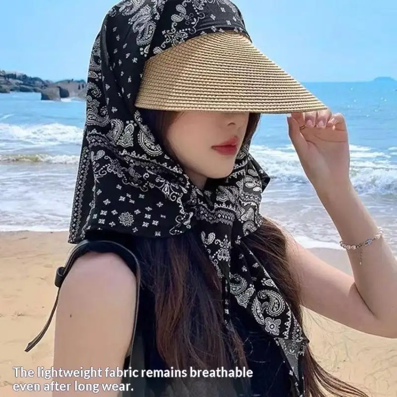 Straw Sun Visor Hat Paisley Bandana Neck Flap Lightweight Breathable UPF 50+ UV Protection for Beach Outdoor Sports