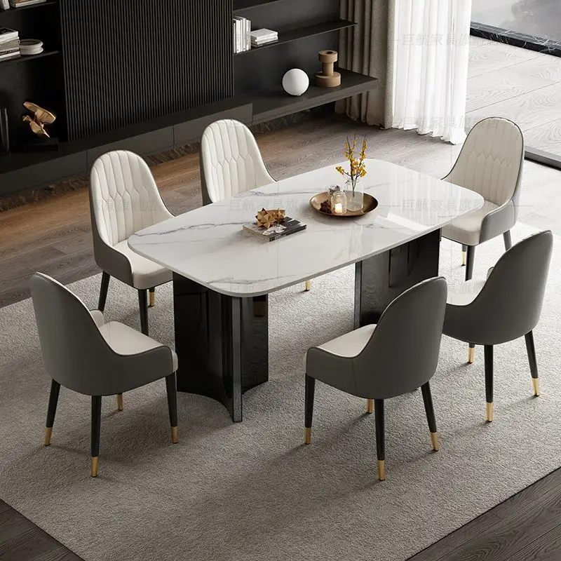

Комбинация обеденного стола и стула из яркой каменной плиты, итальянский легкий роскошный прямоугольный современный простой обеденный стол для маленькой квартиры