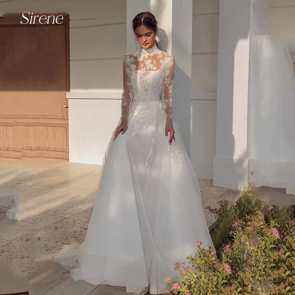 

Sirene Exquisite Tulle Lace Applique Wedding Dresses 2025 Long Sleeves High Neck A-Line Detachable Train Bridal Gowns Customized