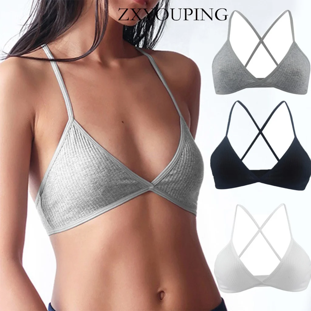 

Japanese style unpadded bra sexy deep v triangle cup cross back bra tops comfortable cotton women bras