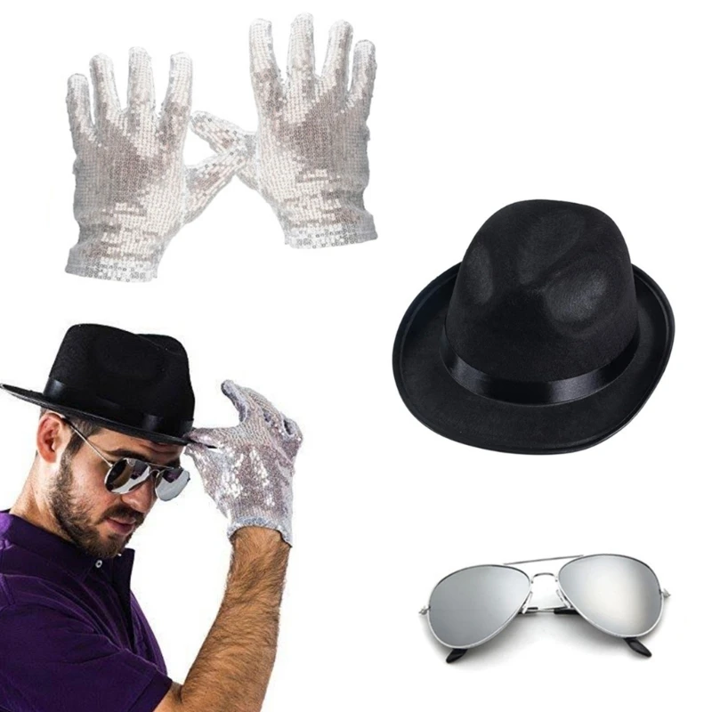 Stage Performances Props Costume Set Fedora Cap Sequins Gloves Eyewear 3Pieces