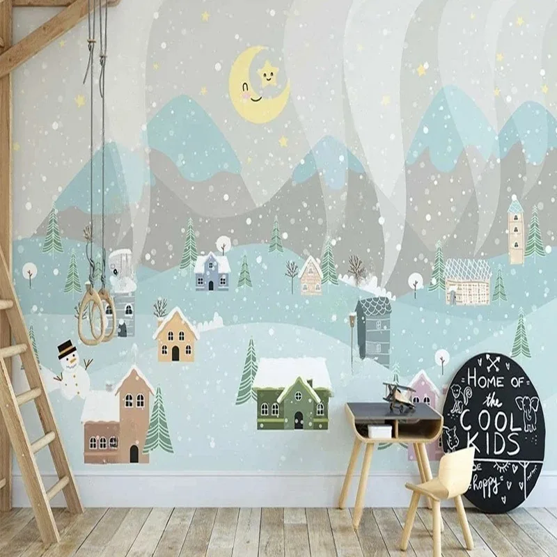 Nordic Style Hand-Painted Cartoon Wallpaper Valley House Scene Wall Mural for Kids Room Nursery Bedroom Playroom Wall Decor