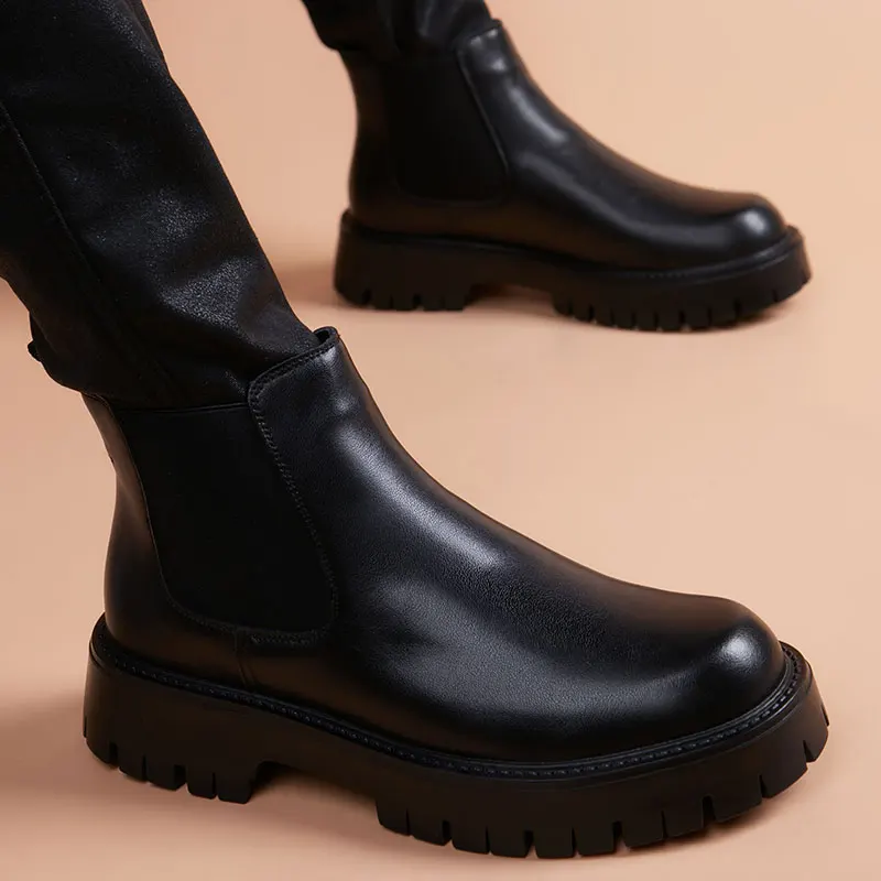 

Мужские модные ботинки «Челси» для выпускного вечера, оригинальные кожаные туфли на платформе, ковбойские осенне-зимние ботинки, черные, коричневые красивые ботильоны