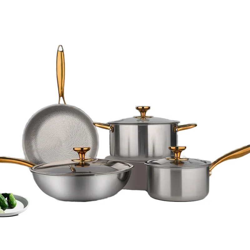 

Pure Titanium Non-Stick Soup Milk Frying Pan Set Modern Design Metal Wok Gold Plated Uncoated
