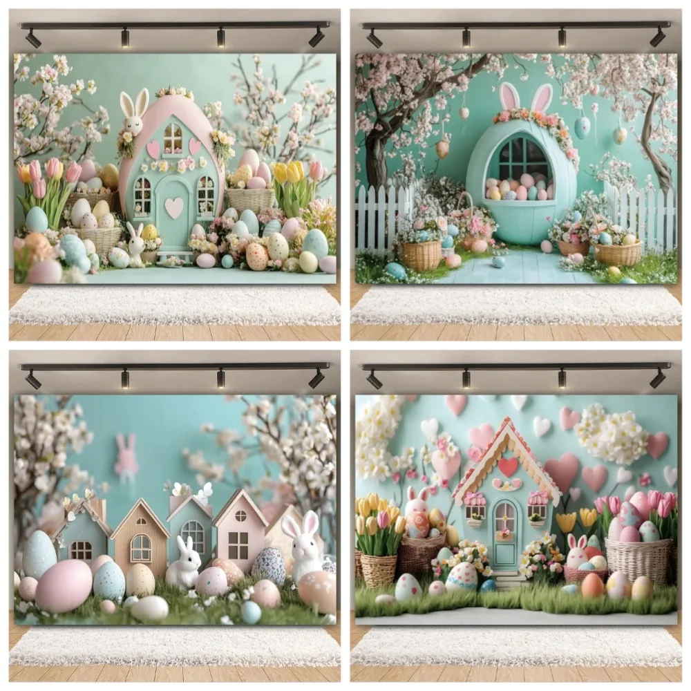 

2026 Easter photography backdrop, wooden house Easter egg bunny, children's birthday party decoration photography backdrop props