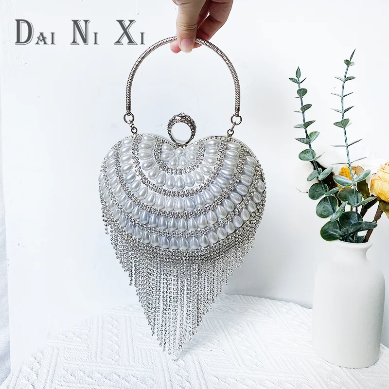 Luxury Bling Heart Shape Diamond Tassel Evening Clutch Rhinestones Purse Wedding Party Purse Ladies Fashion Bag