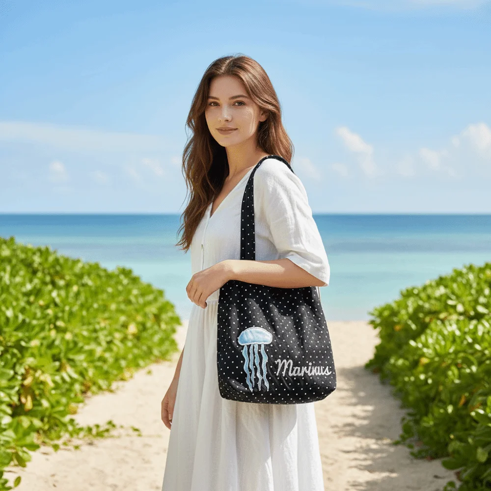 Intricate Needlework Polka Dot Tote Bag Ultra-Lightweight Construction Durable Webbing Straps Floral Embroidered Pouch