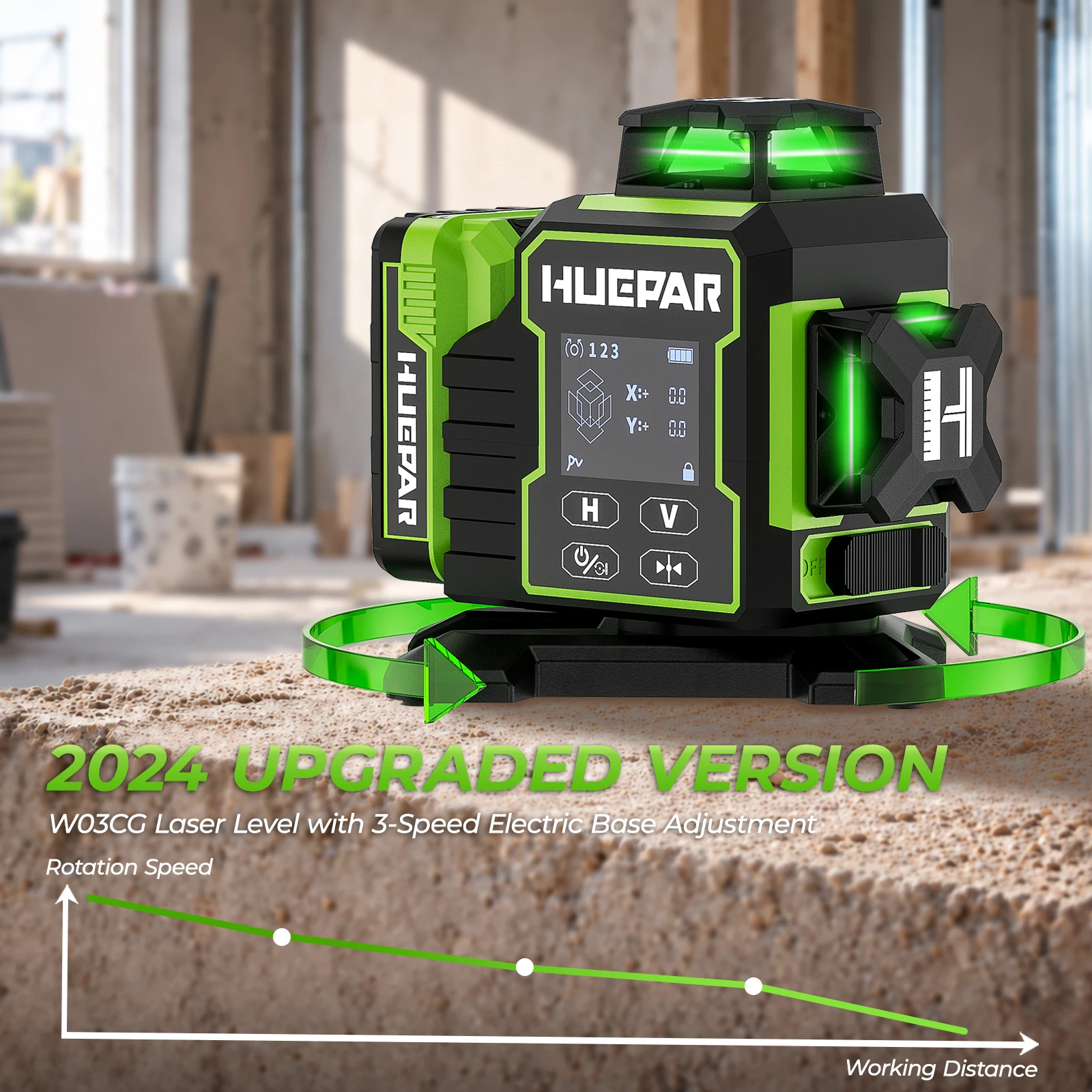Huepar W03CG Laser-Wasserwaage, 3 x 360 selbstnivellierend, 3D-Bluetooth-Laser mit 12 Linien, elektrisch drehbarer Basis und großem LCD-Bildschirm – Detail 3
