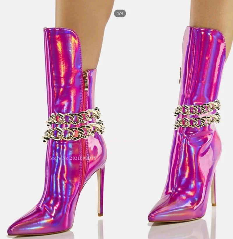 

Fuchsia Holographic Chain Pointed Toe Mid Calf High Heel Boots Pointy Toe Women Thin Stiletto Heeled Bota