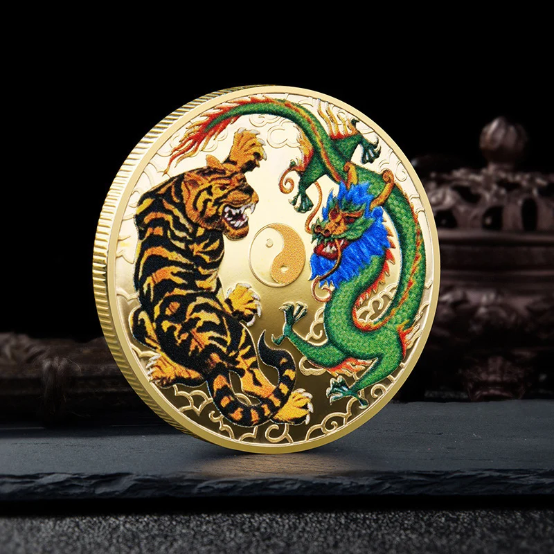 Colourful Dragon and Tiger Lucky Coin Gold Plated Metal Collectible Coins Chinese Collection Souvenir