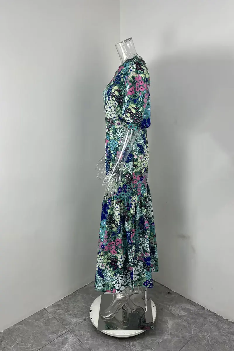 Veithche verão elegante feminino azul flor impressão vestido lanterna manga e tornozelo magro bodycon o pescoço estilo pastoral vestido de festa