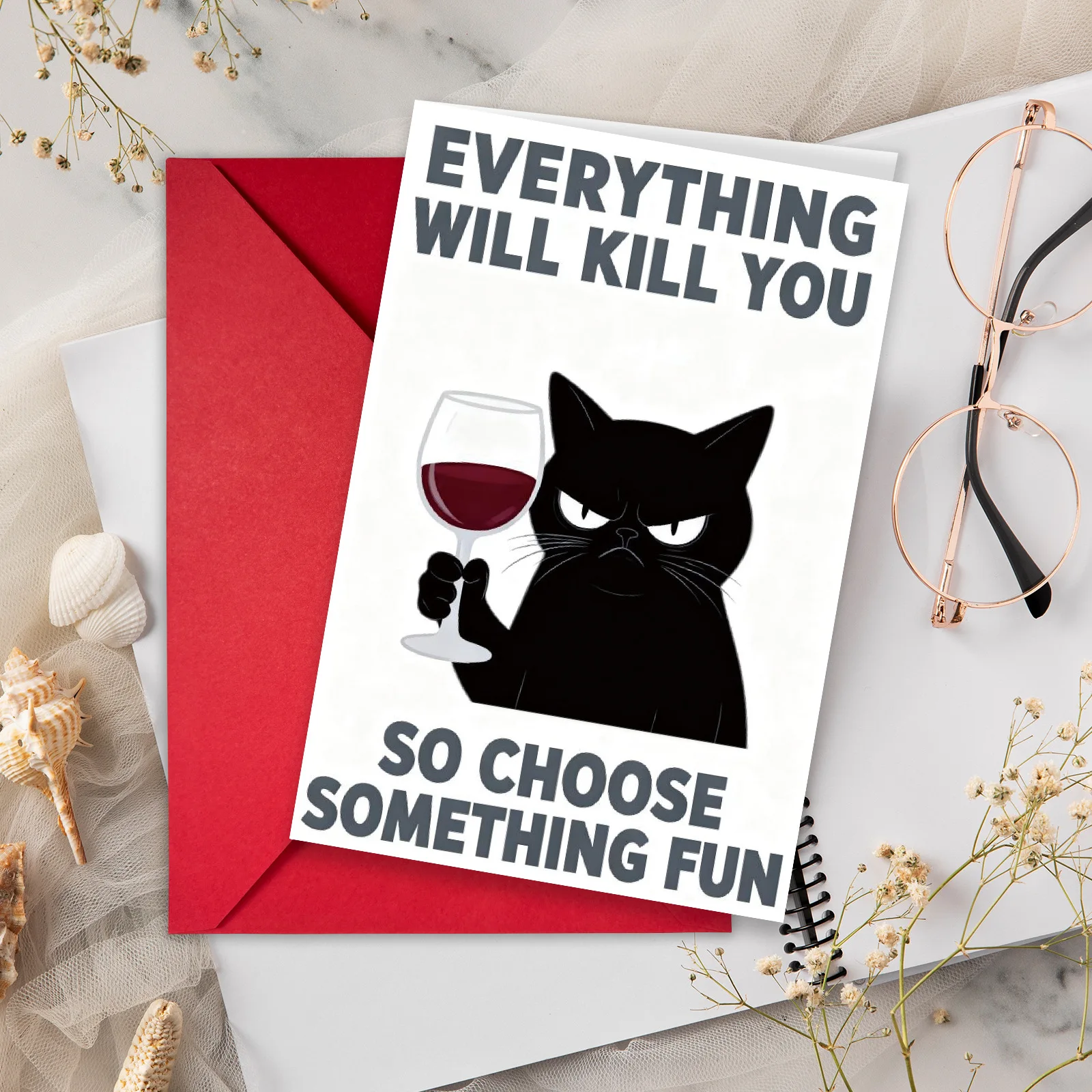 Lustiges Grußkarten-Umschlag-Set Cartoon Schwarze Katze Humorvolle Text-Geschenkkarte