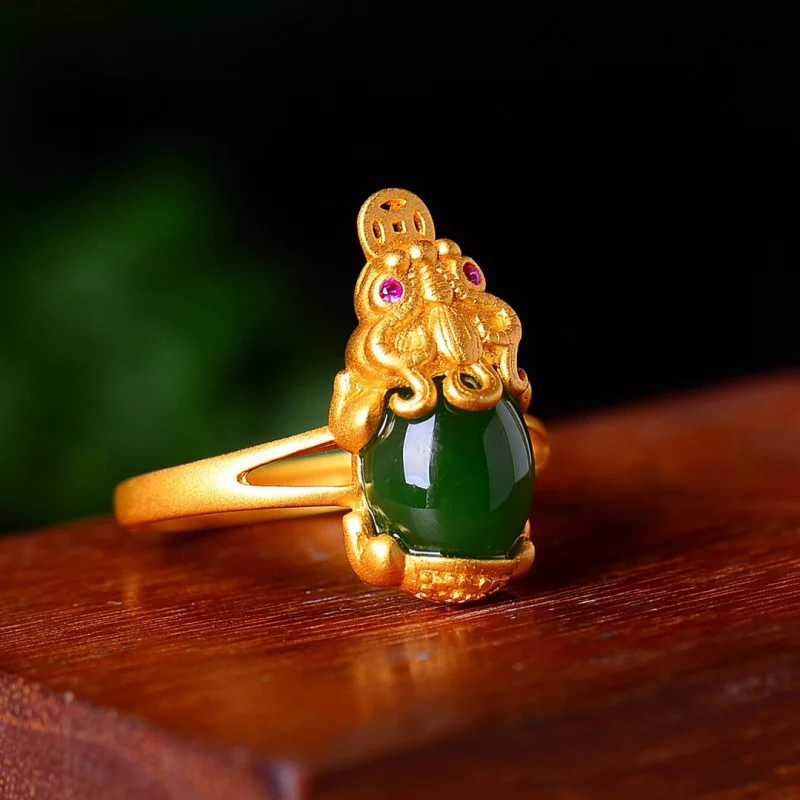 

925 Silver Inlaid Hetian Jade And Jasper Lucky Pixiu Adjustable Open Female Style Elegant Ring