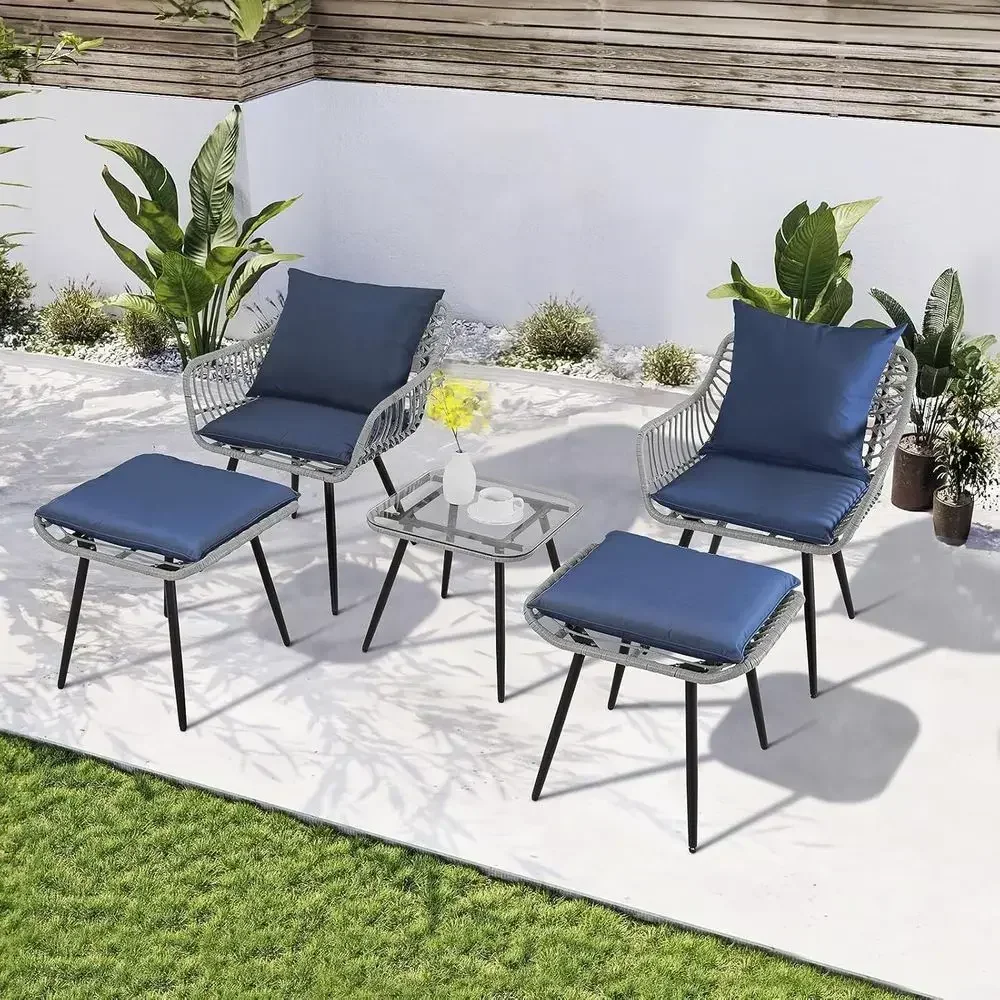 Gray-Blue Outdoor Patio Furniture Set with Rattan Balcony Chairs and Ottomans, Ideal for Bistro, Garden, Porch, Backyard, and Po