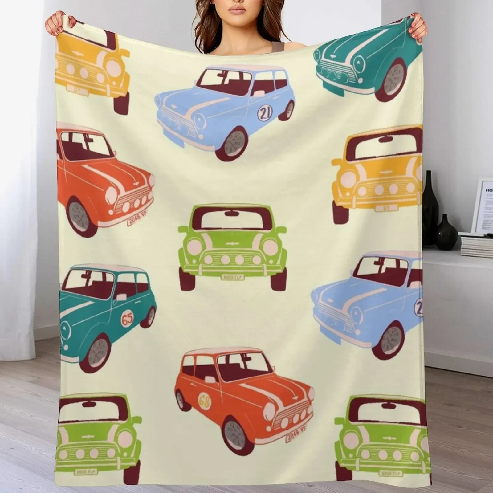 Multicoloured Mini Coopers Throw Blanket Warm Accent Blanket for Living Room Decoration