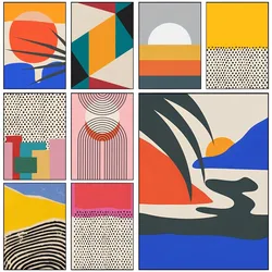 Mid Century Abstract Geometric European Poster Self-adhesive Art Waterproof Paper Sticker Coffee House Bar Room Wall Decor