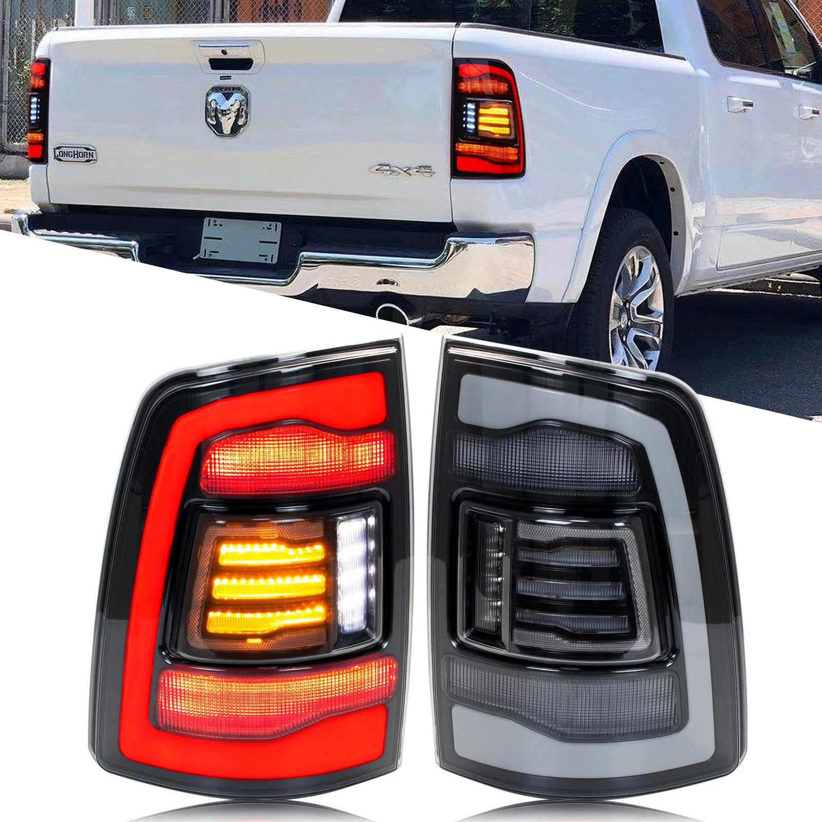 

LED Tail Lights for Dodge Ram 1500 2500 3500 4th Gen 2009-2018 Sequential Yellow Turn Signal Clear Rear Lamps Assembly