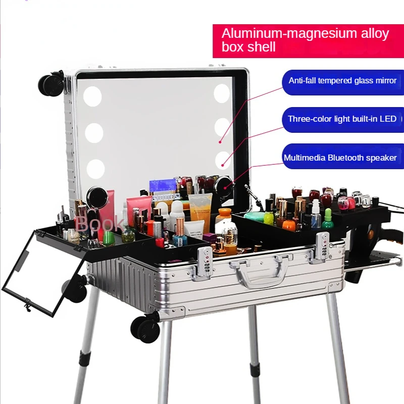 Professional Aluminum-magnesium Alloy Makeup Case Suitcase with Light Mirror Support Rod and Makeup Tool Case 24 Inches